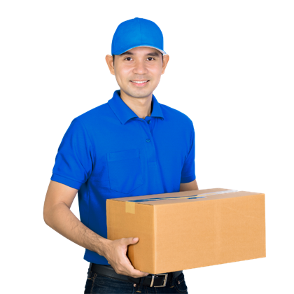 Vroom Express courier in a blue cap and polo, smiling and holding a parcel