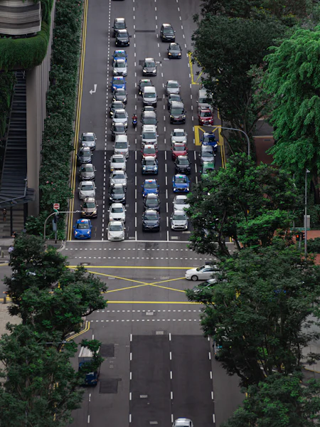 Aerial view of a busy Singapore road lined with trees